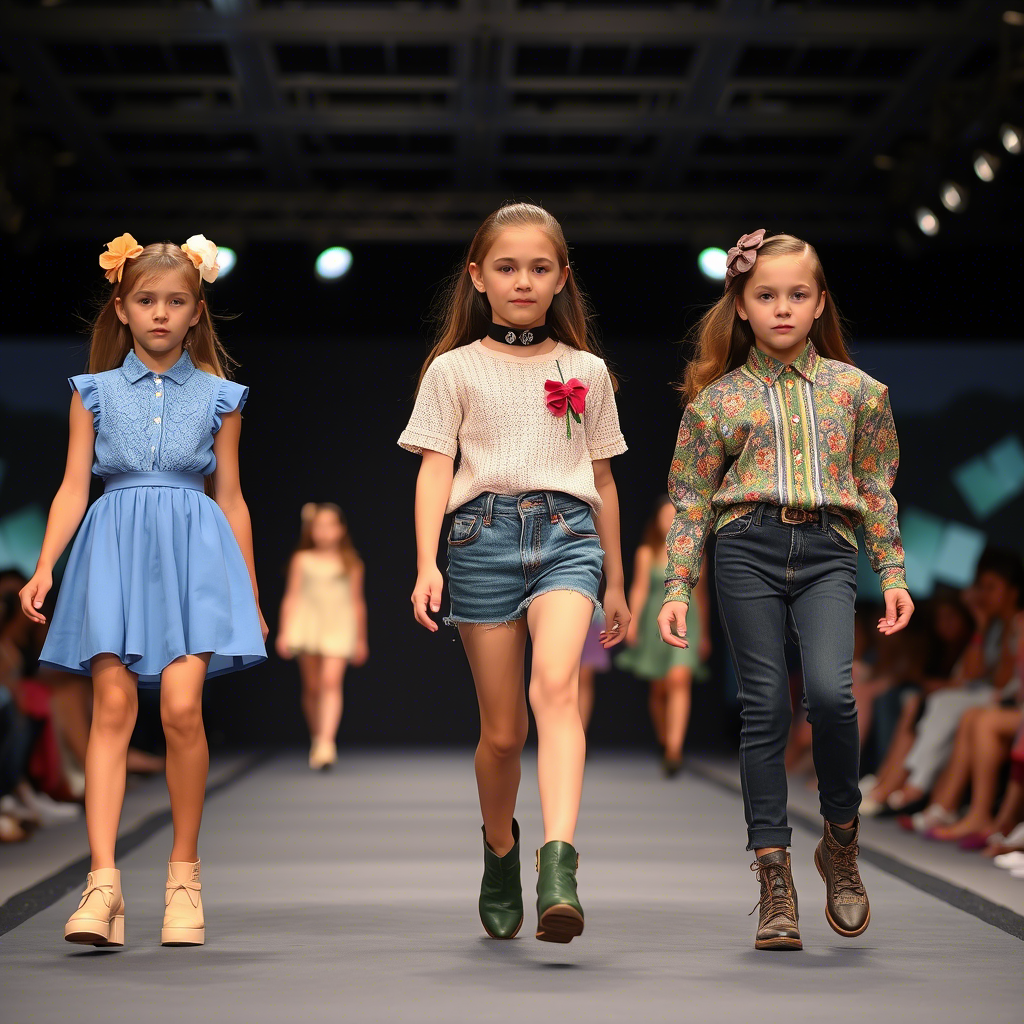 Little fashion models showcasing stylish outfits on a catwalk runway