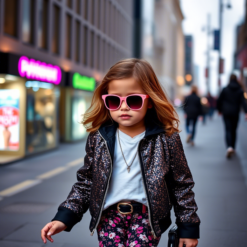 Little fashionista girl in a sparkly jacket and trendy outfit walking down a city street