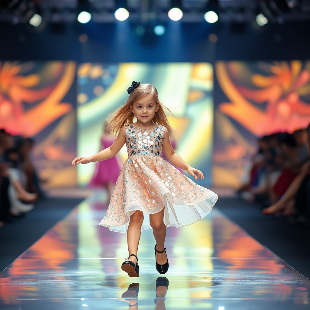 Little fashionista girl twirling in a sparkly sequin dress on a catwalk