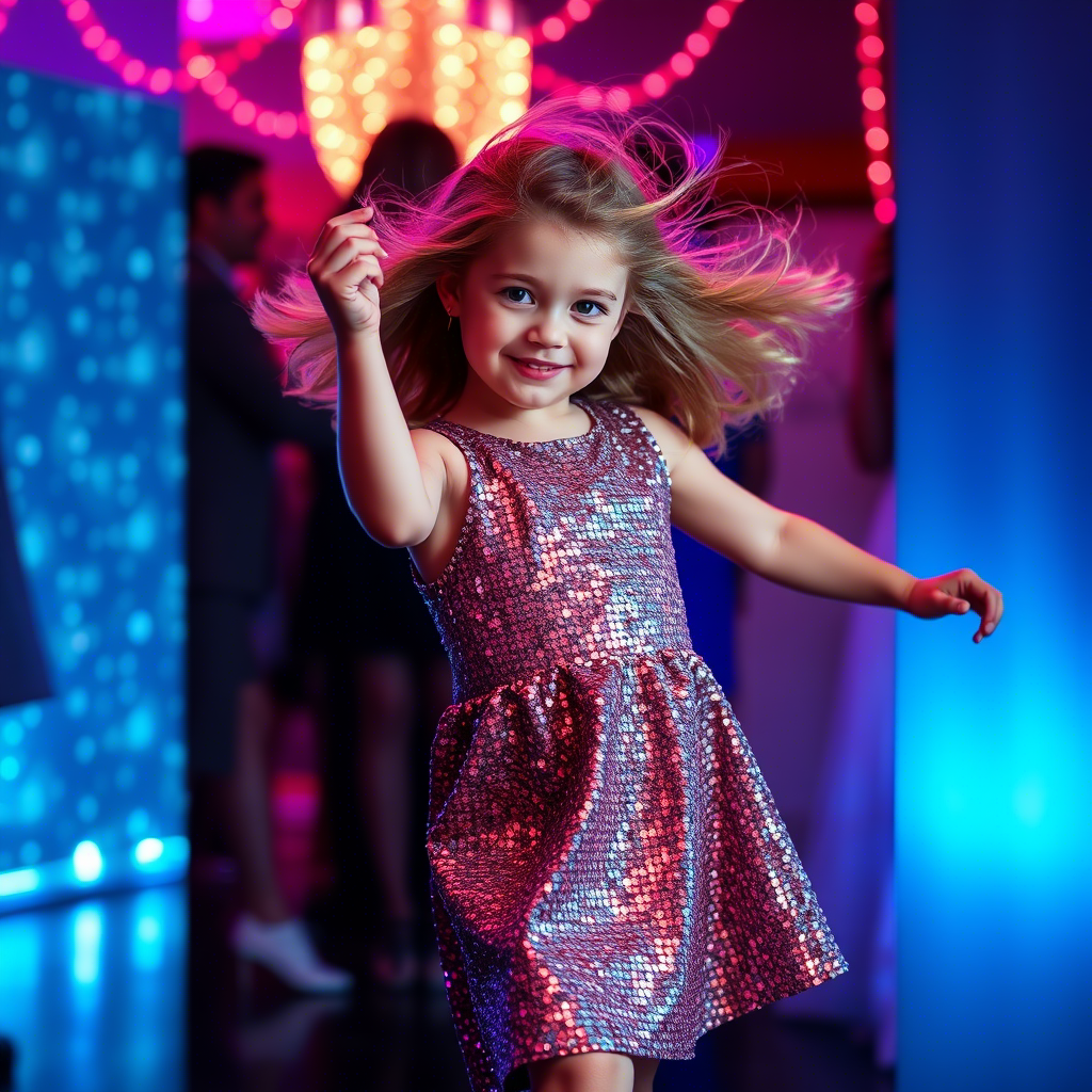 Little fashionista girl twirling in sparkly sequin dress at night party