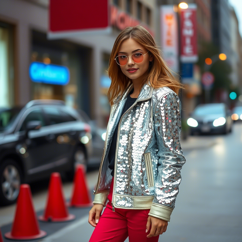 Little fashionista in sequined jacket, posing on city street