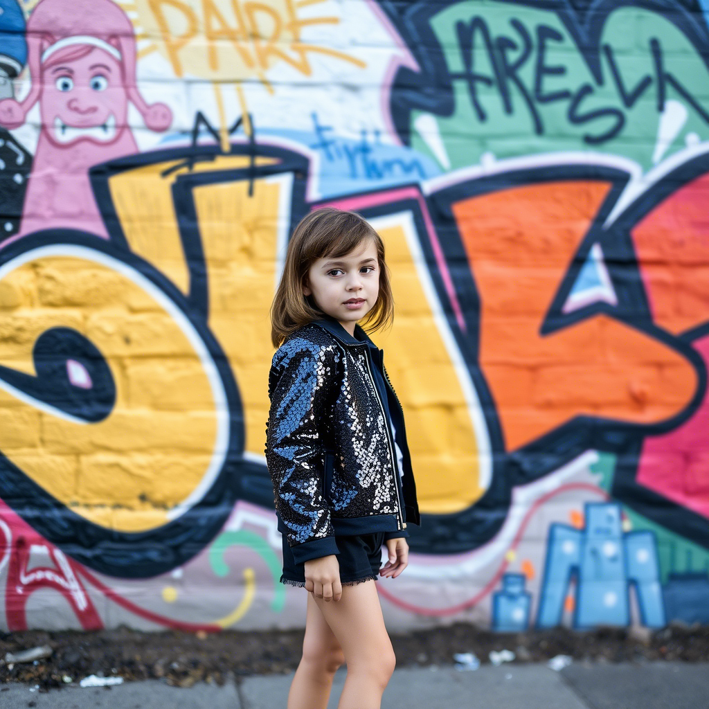 Little fashionista in sequined jacket, standing in front of a colorful graffiti wall