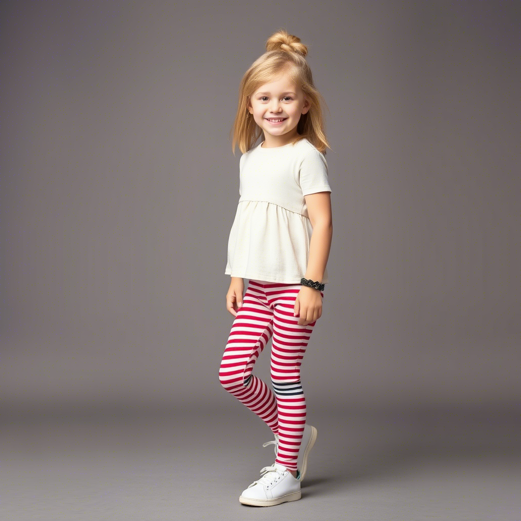 Little fashionista modeling striped leggings with a cute top