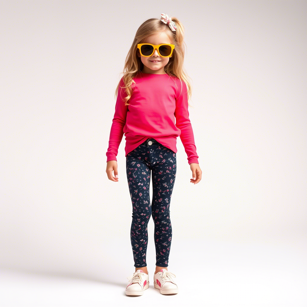 Little fashionista modeling trendy kids’ leggings and tops in a studio setting