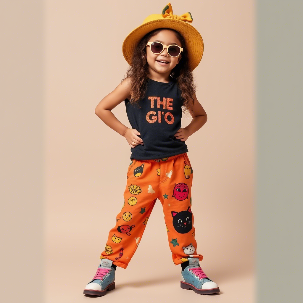 Little fashionista modeling trendy kids’ pants with fun designs