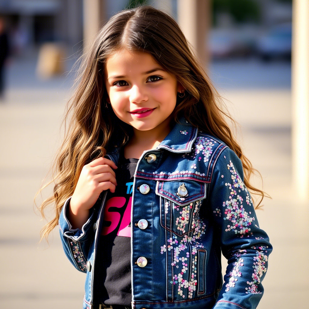Little fashionista posing in a glittery sequined denim jacket outdoors