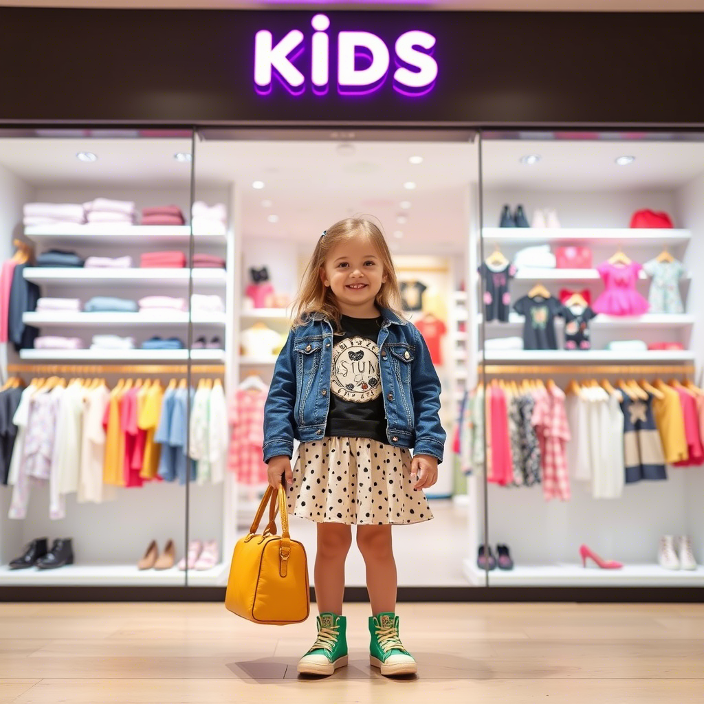 Little fashionista standing in front of a trendy kid’s clothing store