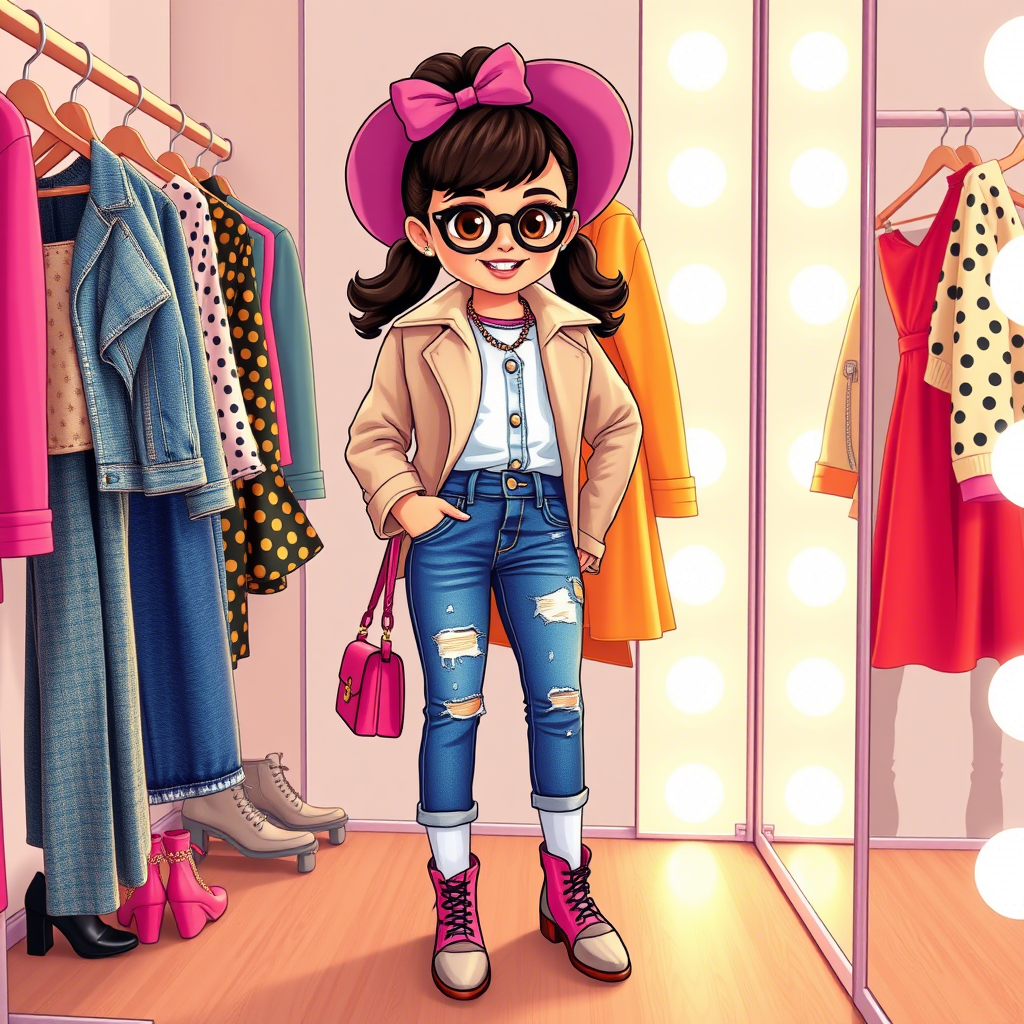 Little fashionista trying on stylish outfits in a virtual dressing room
