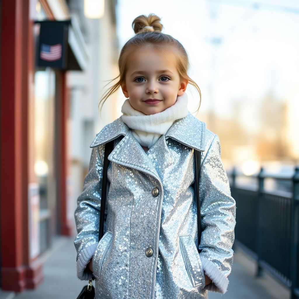 Little fashionista wearing a glittering silver coat outdoors