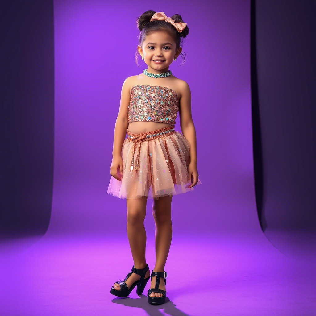 Little fashionista wearing glittering skirt, posing for photo shoot