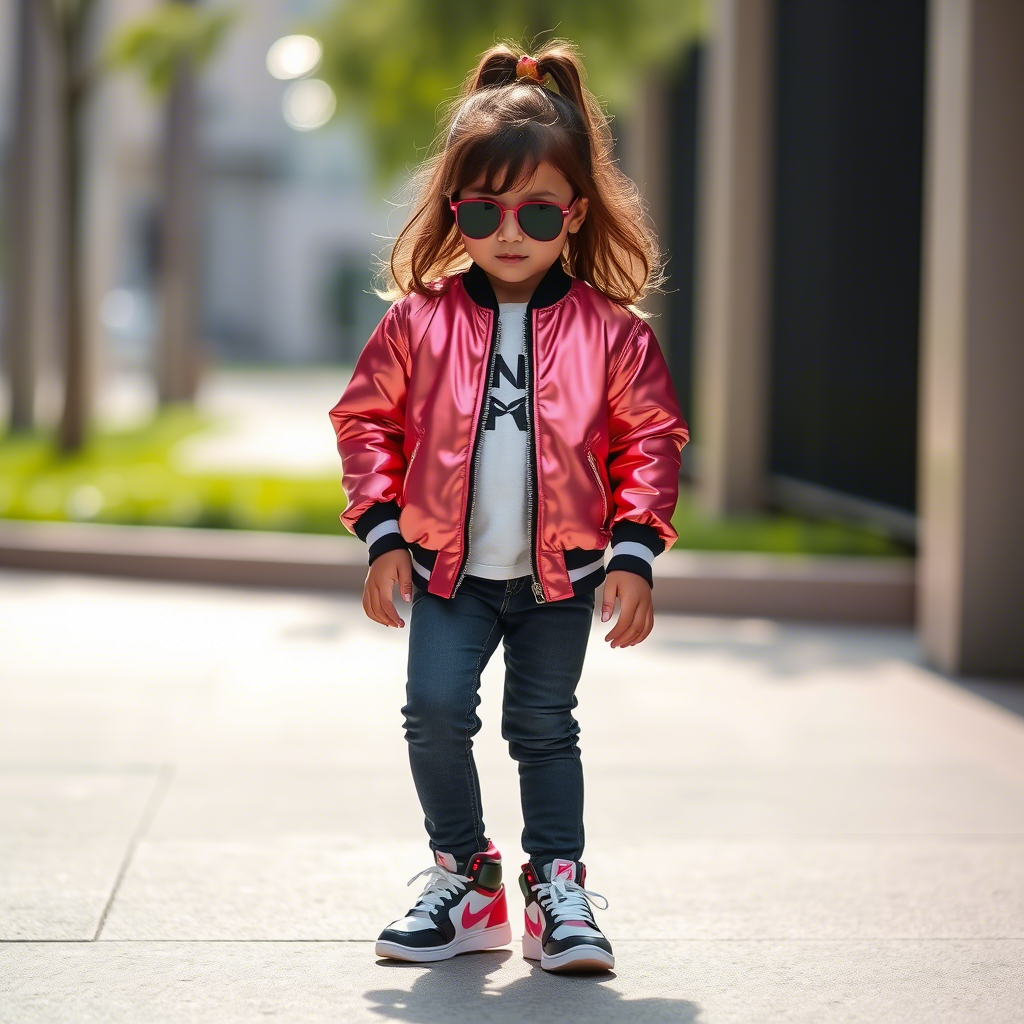 Little fashionista wearing shiny bomber jacket and trendy sneakers