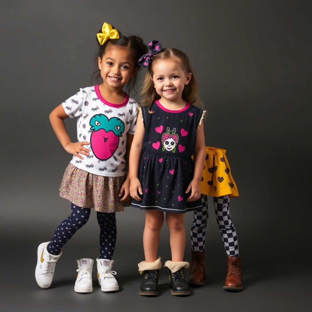Little fashionistas modeling custom kids clothing with fun designs