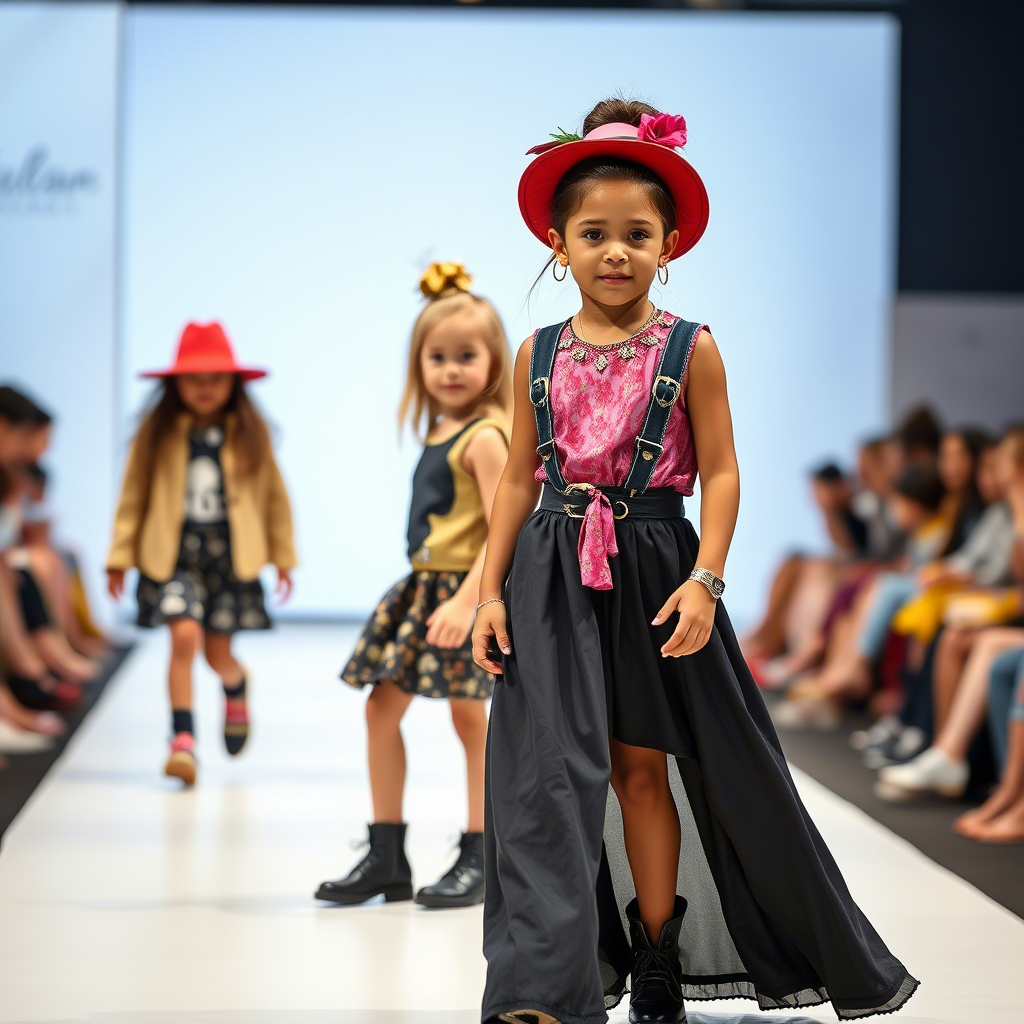 Little fashionistas modeling trendy clothing on catwalk