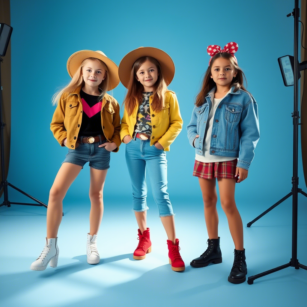Little fashionistas modeling trendy outfits in a studio