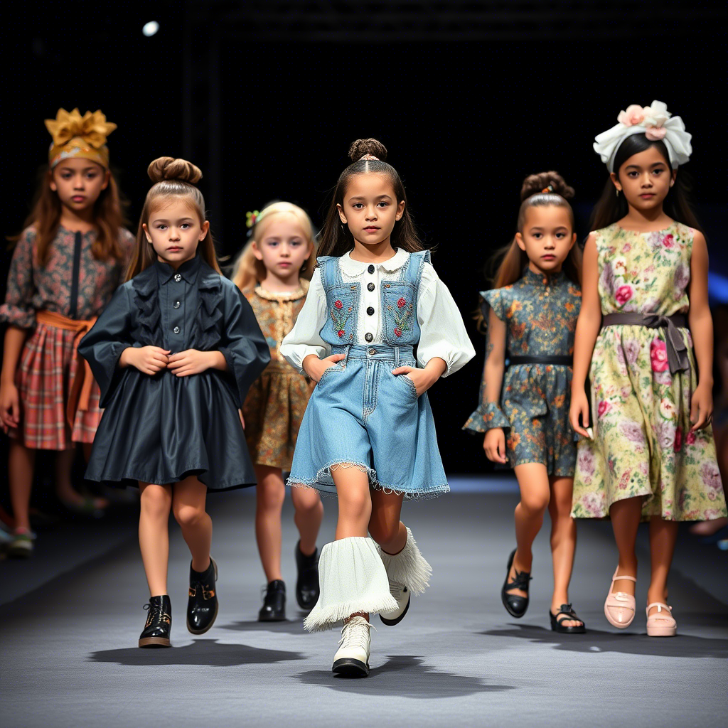 Little fashionistas showcasing unique clothing designs on a catwalk