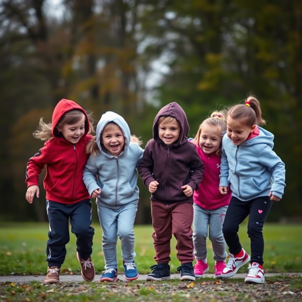 Little friends in comfy hoodies and sweatpants playing together outside