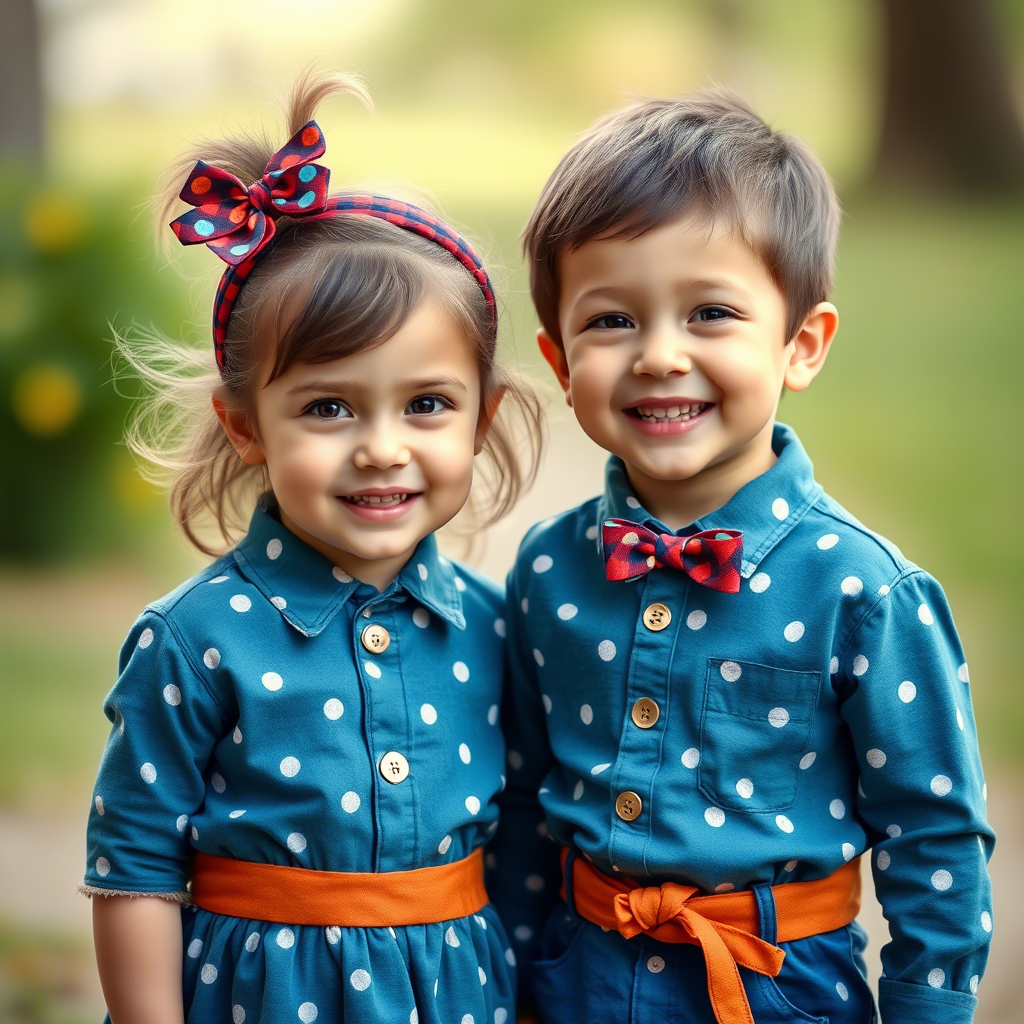 Little girl and boy twins in matching outfits smiling