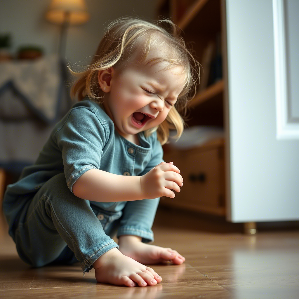 Little girl crying and stamping her feet on the floor