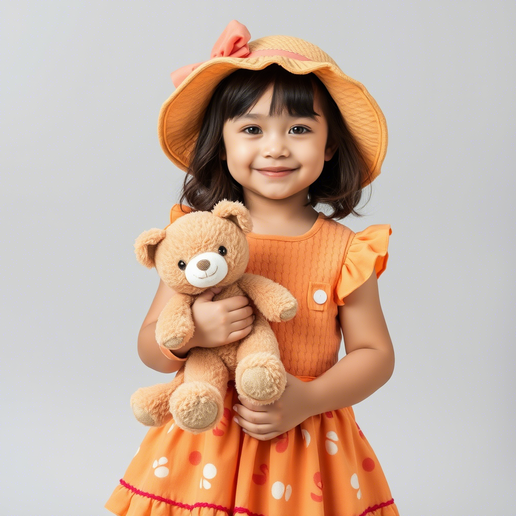 Little girl dressed in a cute outfit, holding a stuffed animal