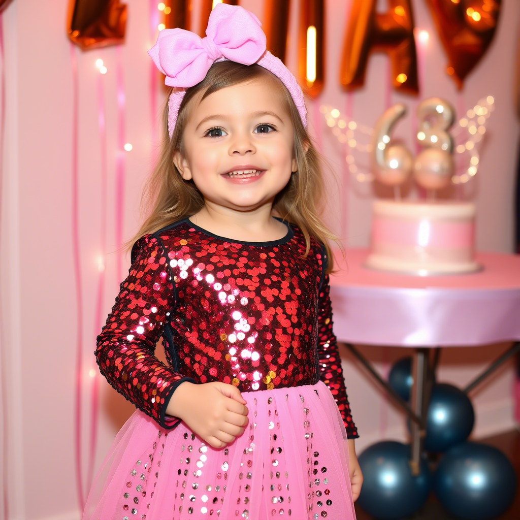 Little girl dressed in a festive sequin outfit for a birthday celebration