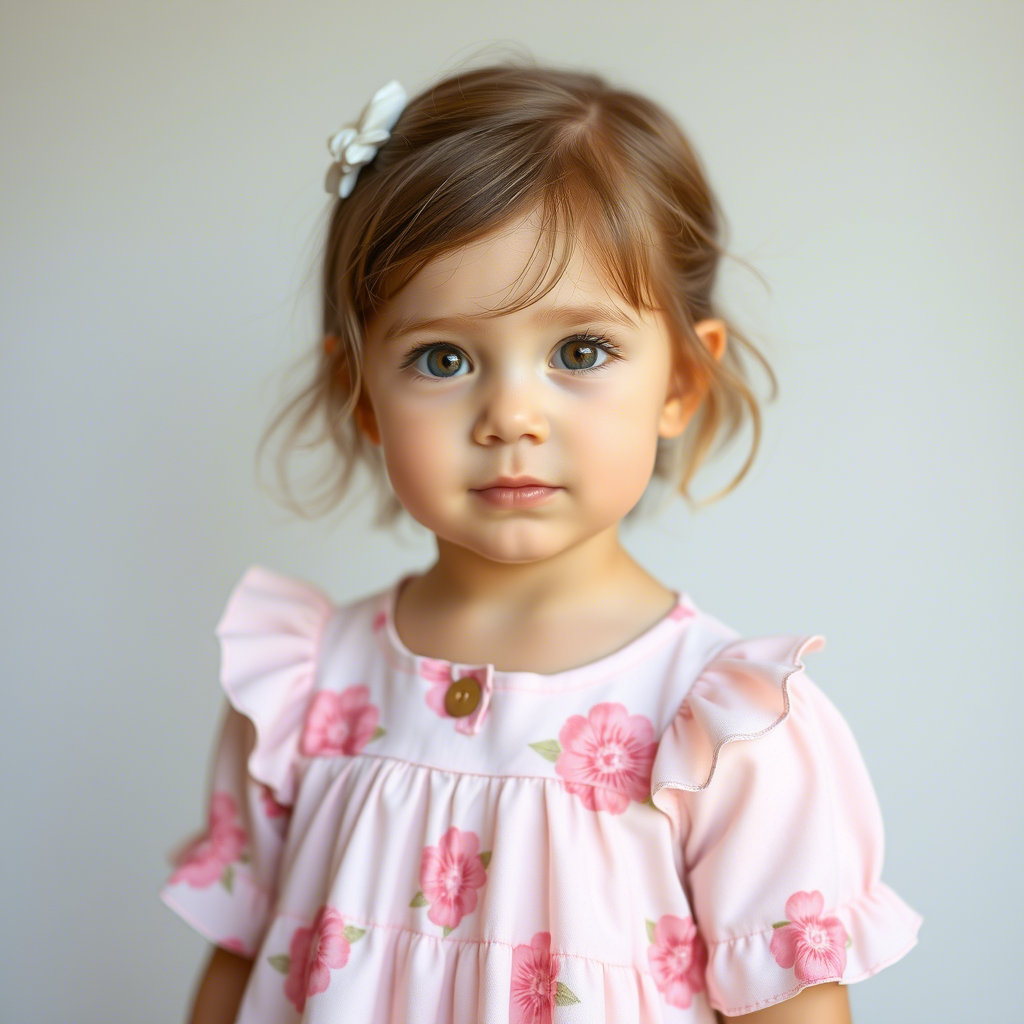 Little girl dressed in gentle pastel-colored dress with floral patterns