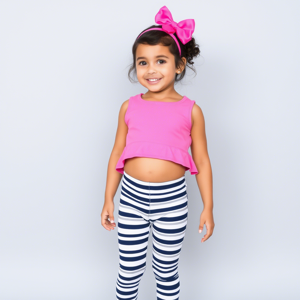 Little girl dressed in striped leggings and bright pink crop top