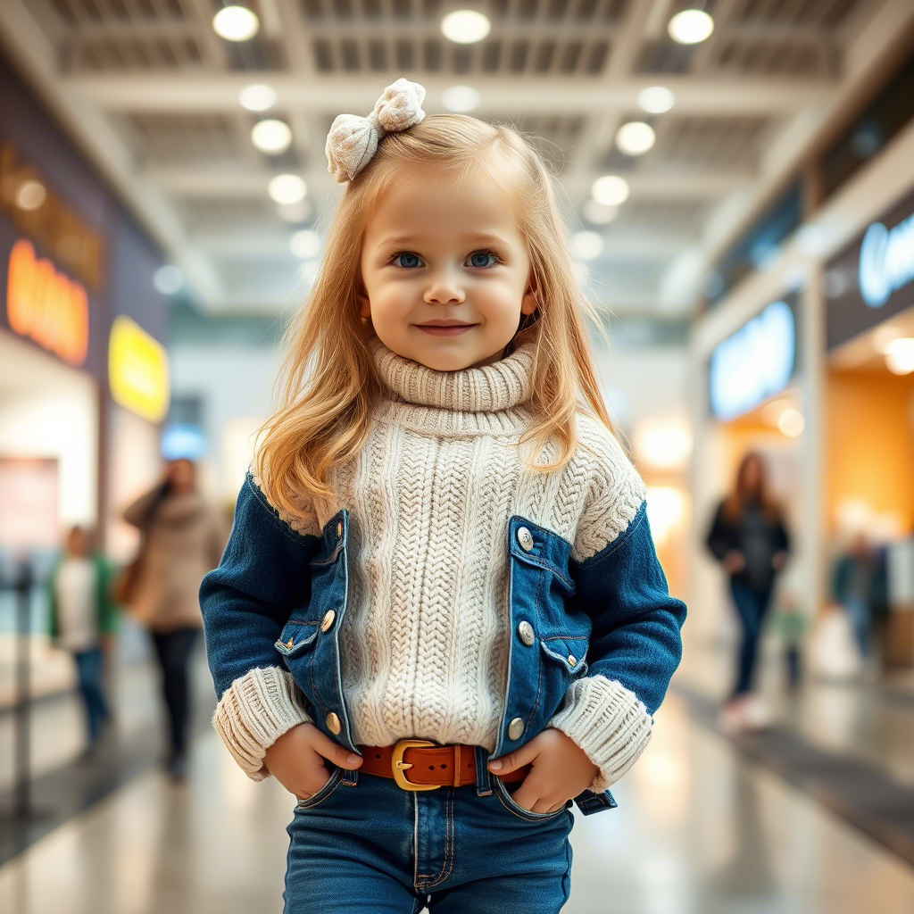 Little girl dressed in stylish jeans and a cozy sweater at a mall
