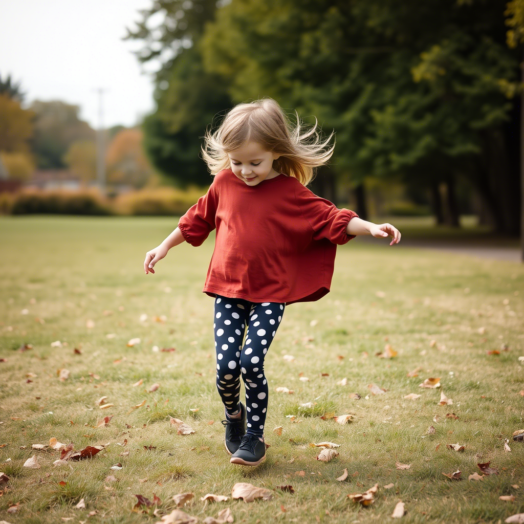 Little girl dressed in stylish leggings and oversized top, twirling in a whimsical outdoor setting.