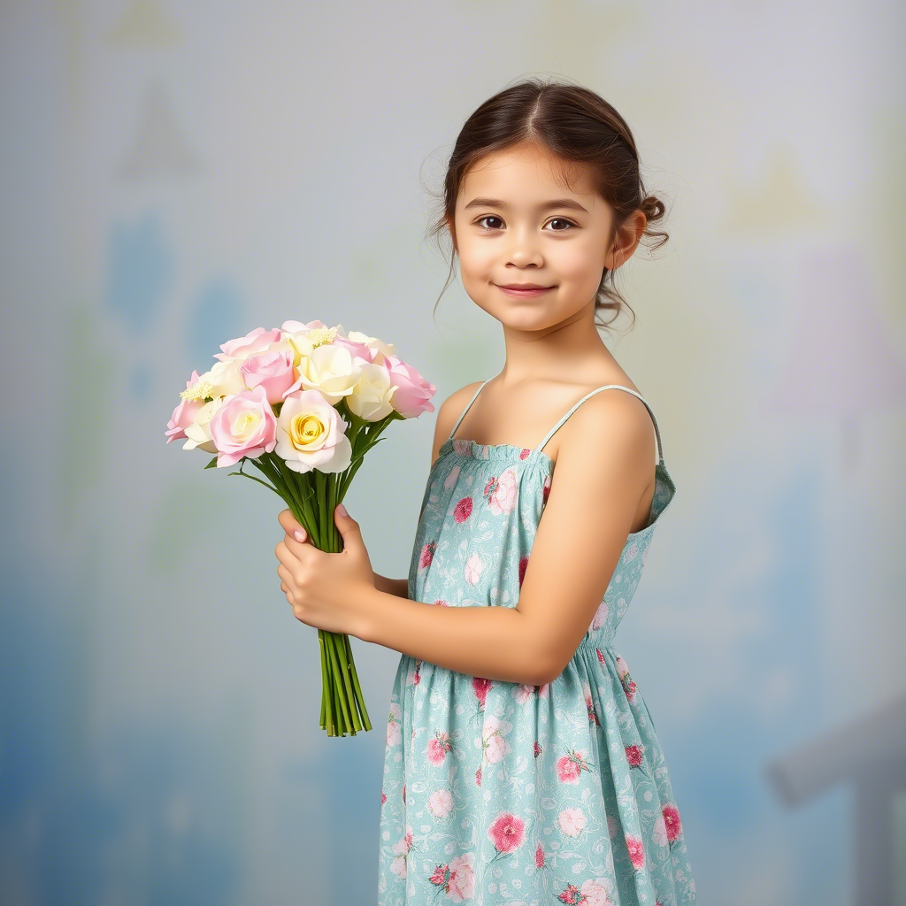 Little girl holding a bouquet with a sundress on