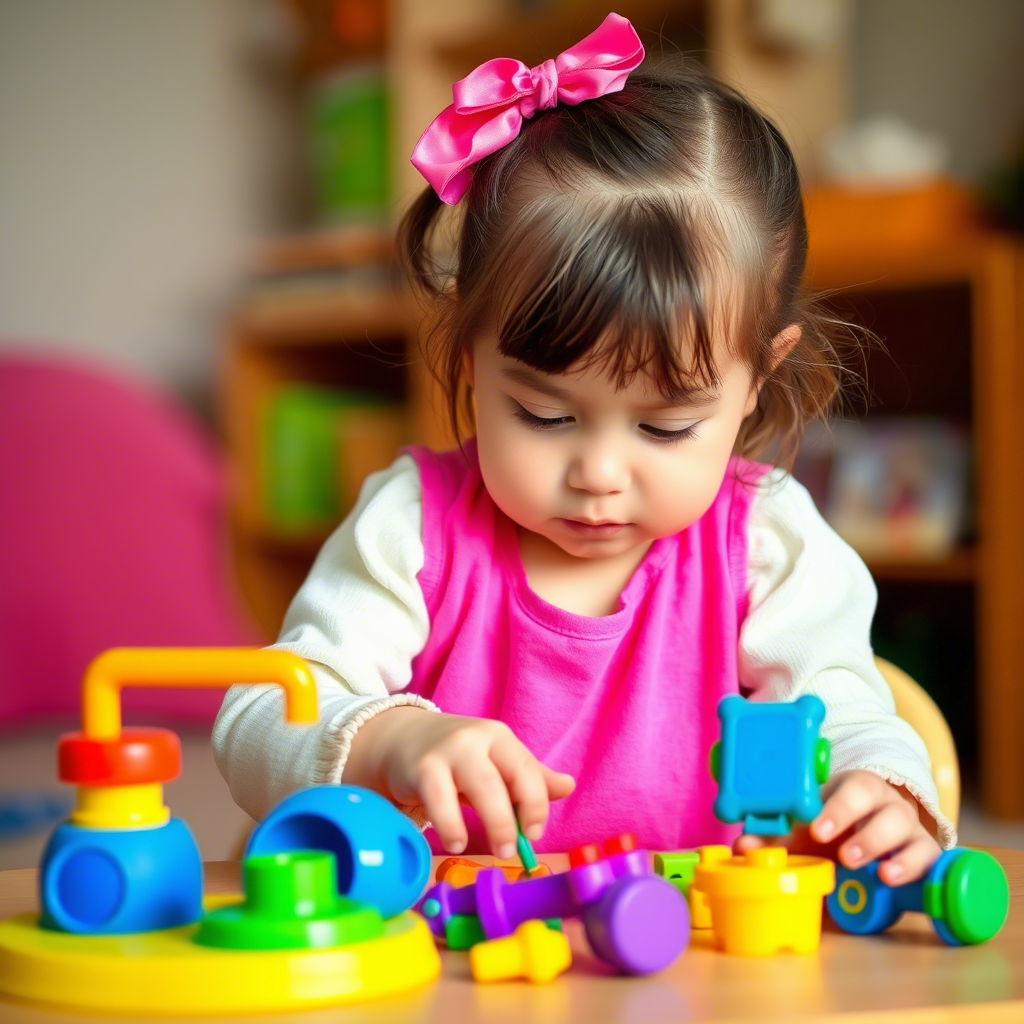 Little girl in a bright pink top playing with toys