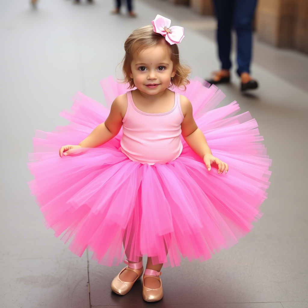 Little girl in a bright pink tutu and ballet shoes