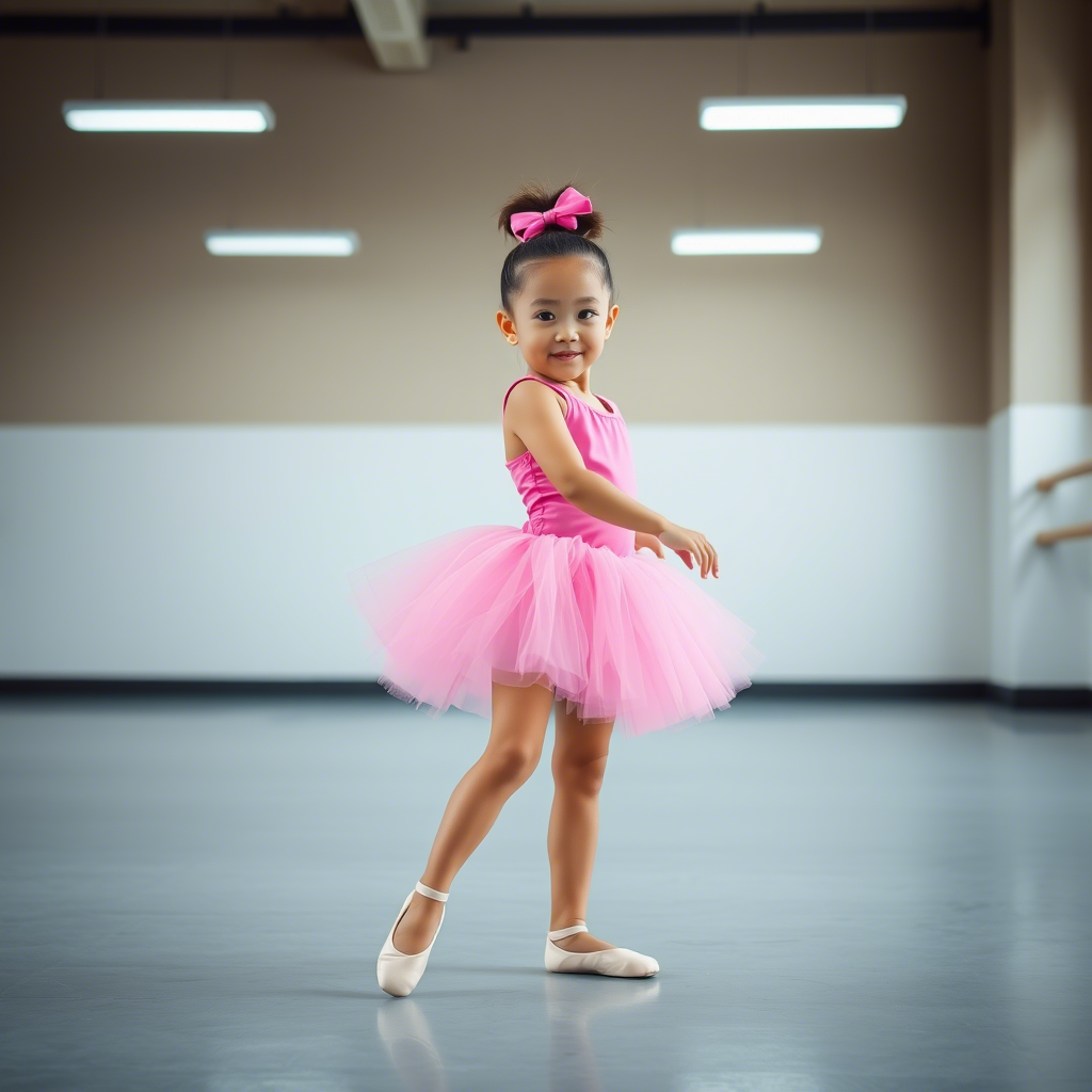 Little girl in a bright pink tutu top, dancing in a ballet studio