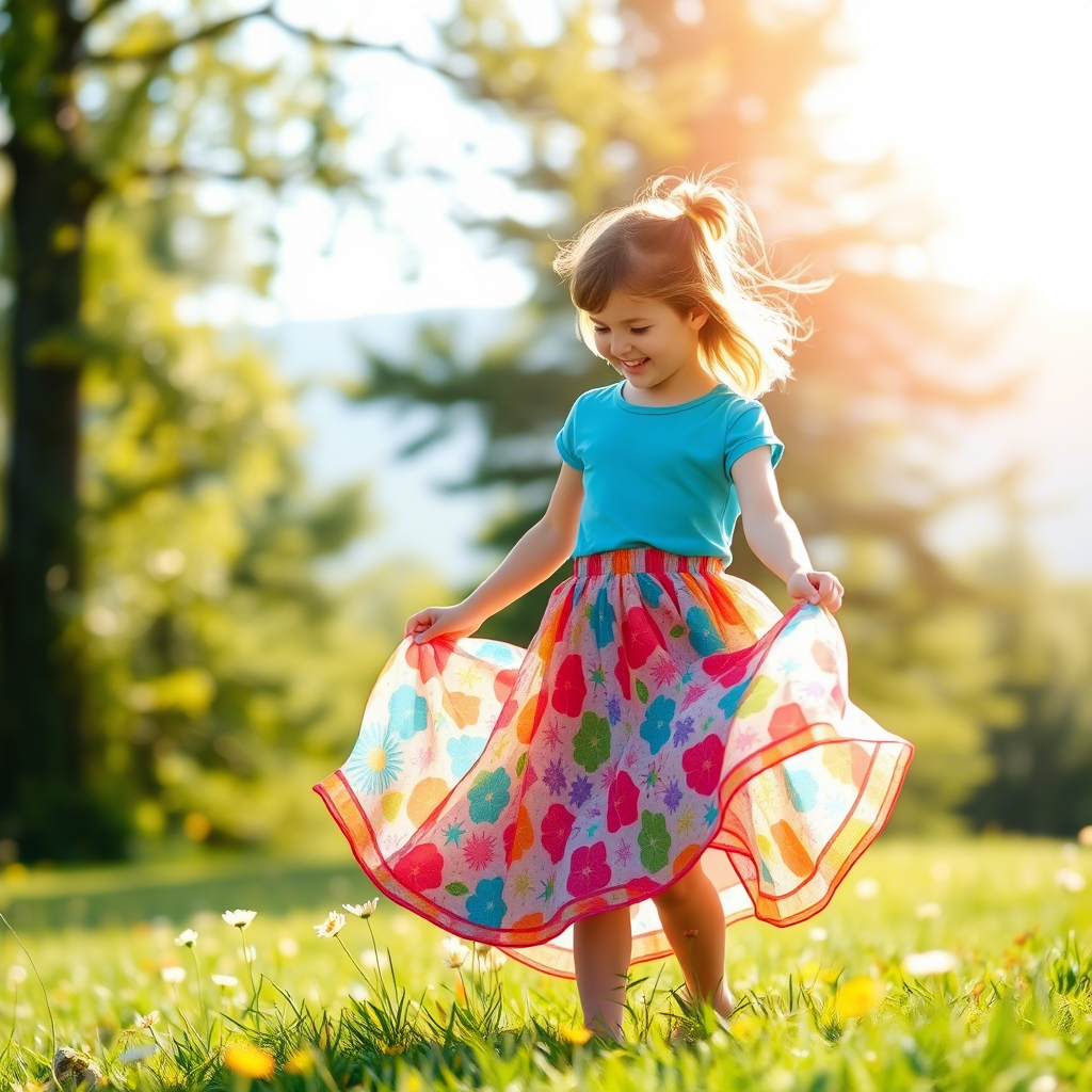 Little girl in a colorful skirt twirling in a sunny meadow