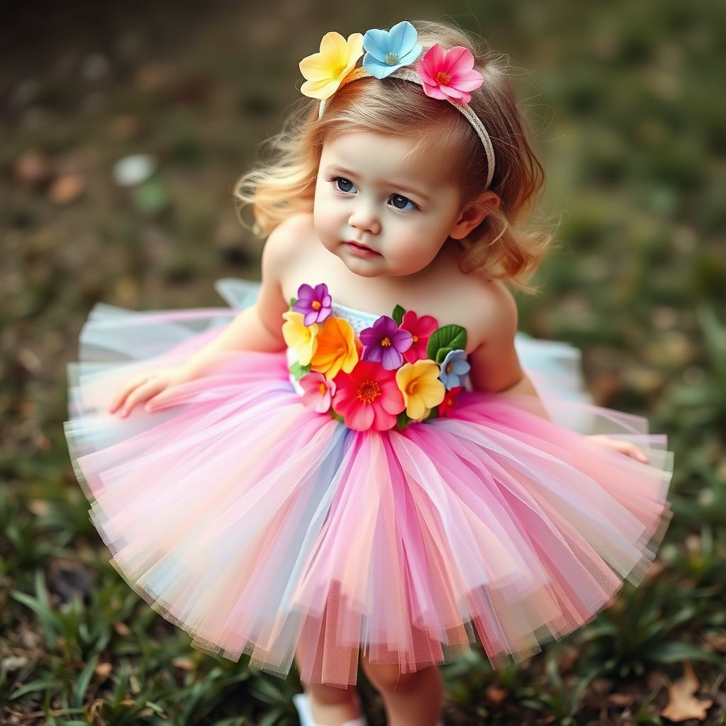 Little girl in a colorful tutu dress with flowers