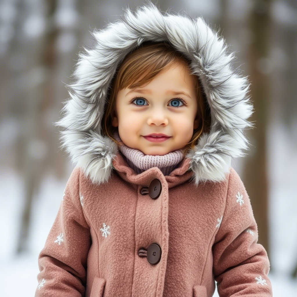 Little girl in a cozy winter coat with snowflakes and fur trim