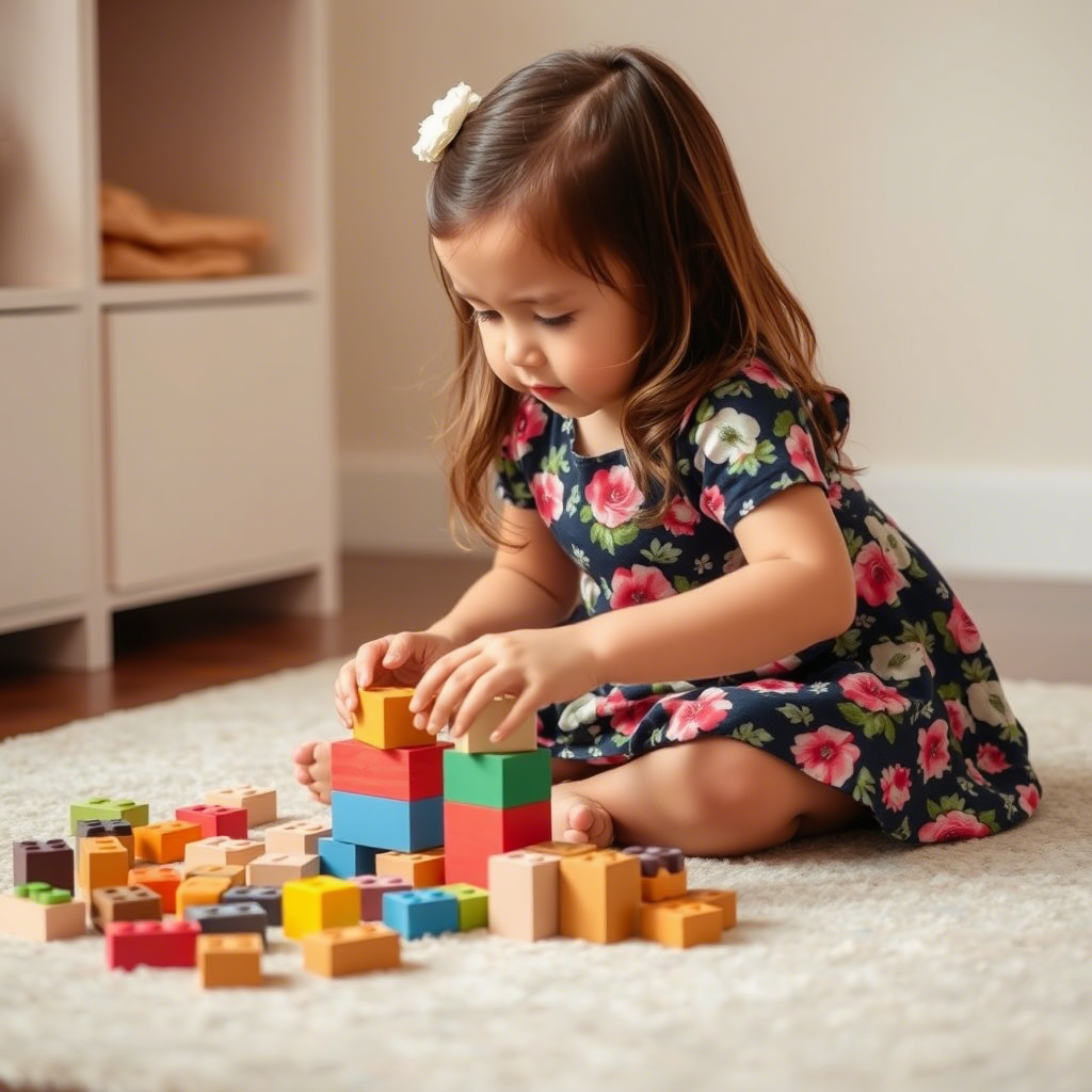 Little girl in a floral dress playing with blocks on a carpet