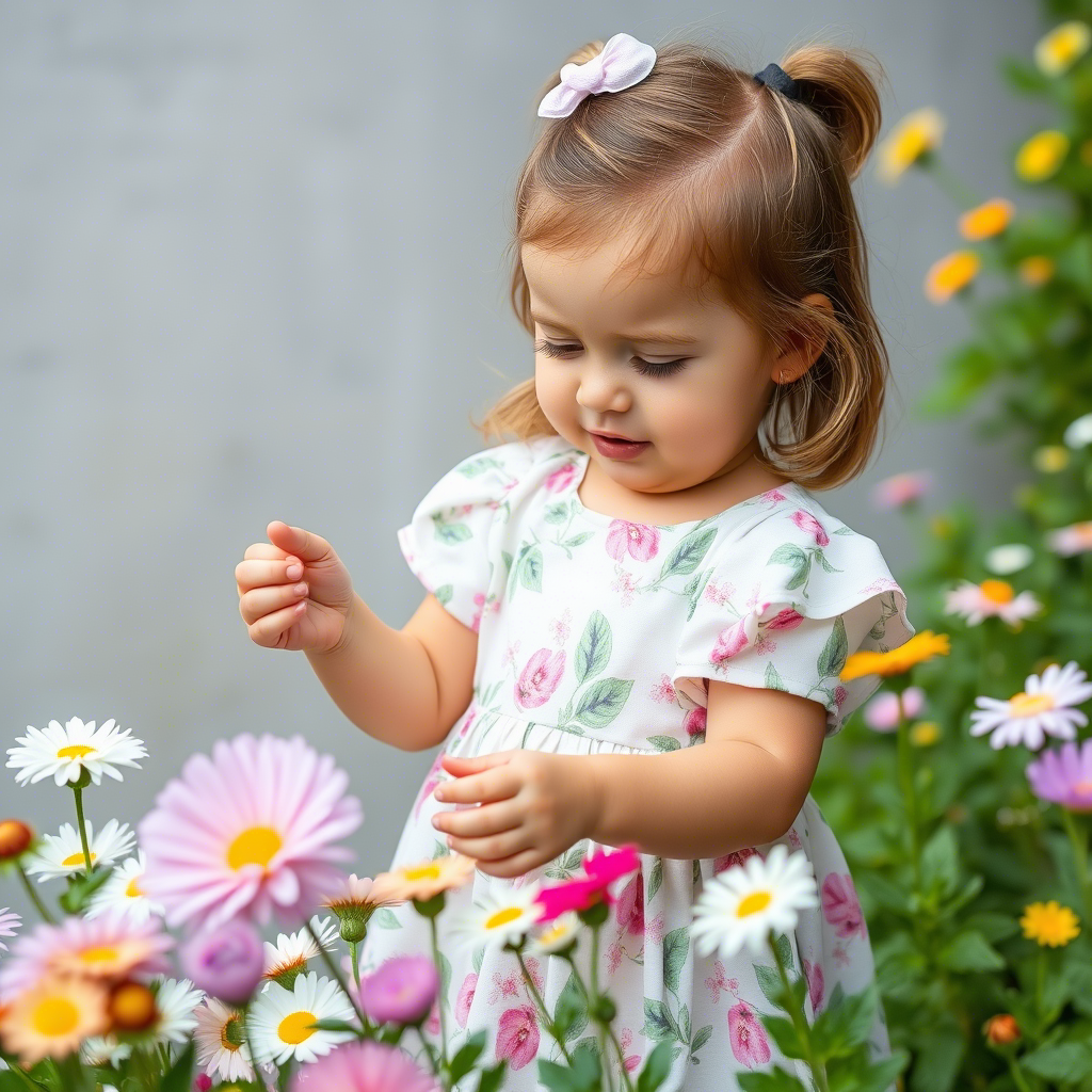 Little girl in a floral dress playing with flowers