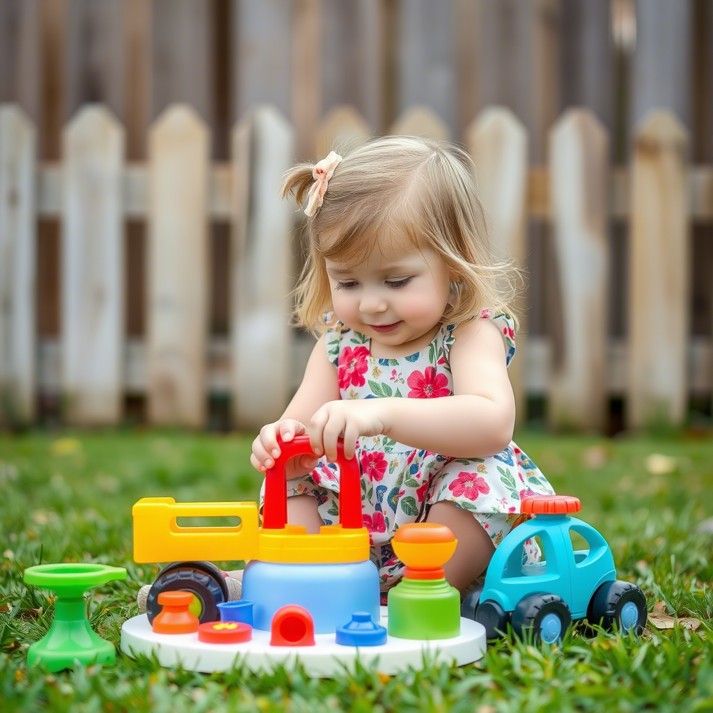 Little girl in a floral dress playing with toys outdoors