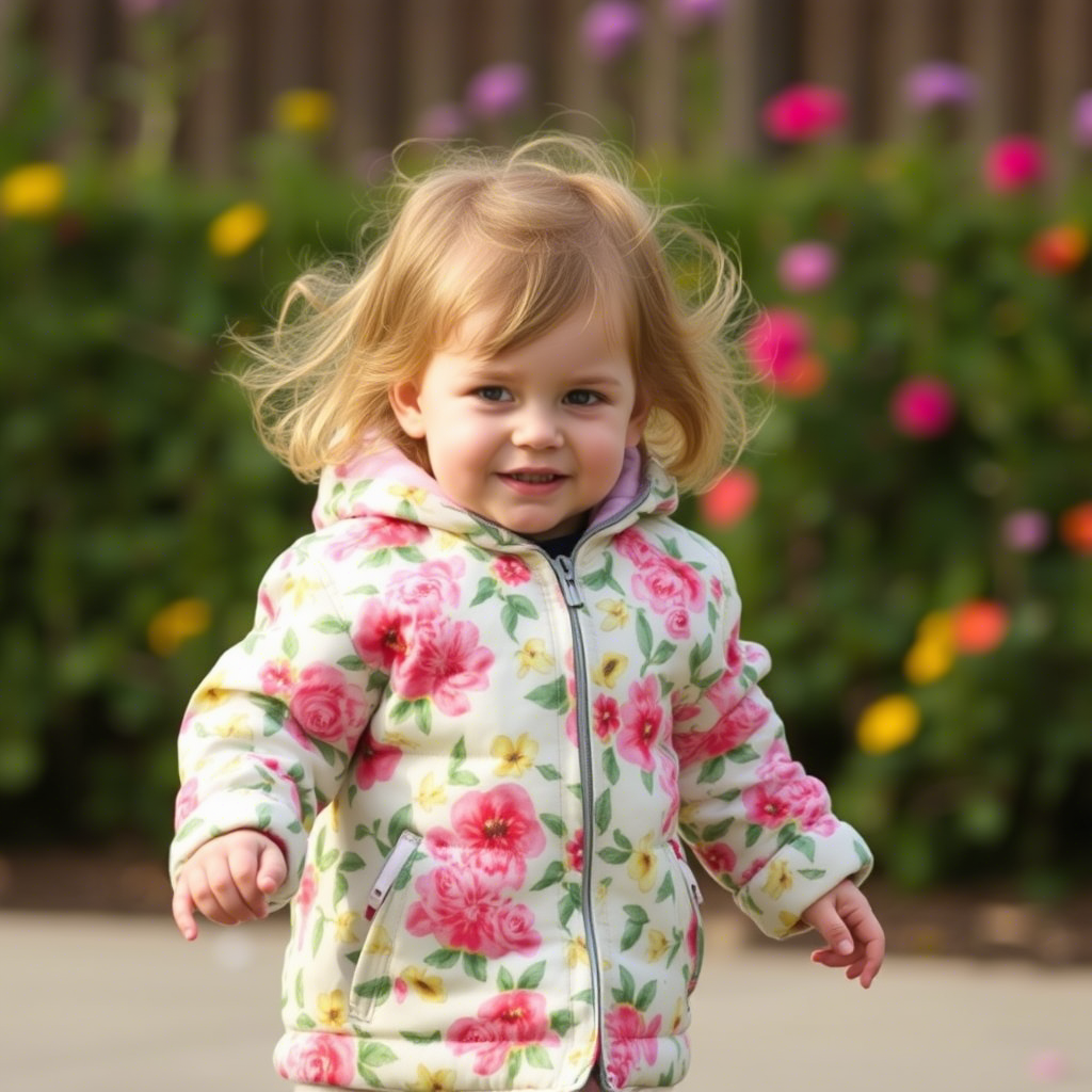 Little girl in a floral wholesale jacket playing outside