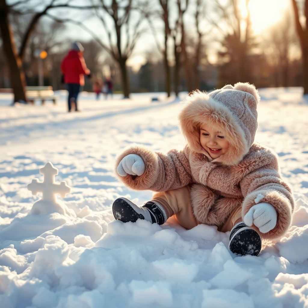 Little girl in a fuzzy snowsuit, making snow angels in a park