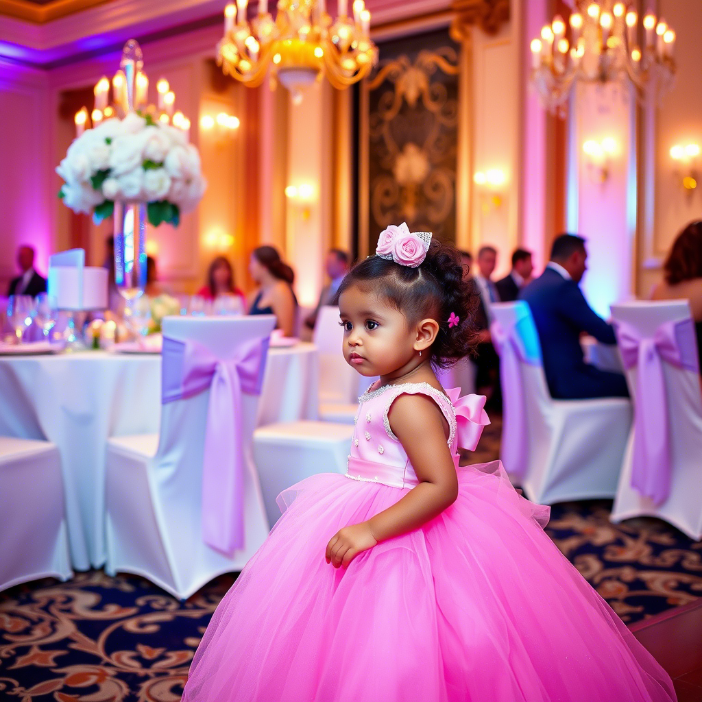 Little girl in a pink ball gown at a luxurious wedding reception