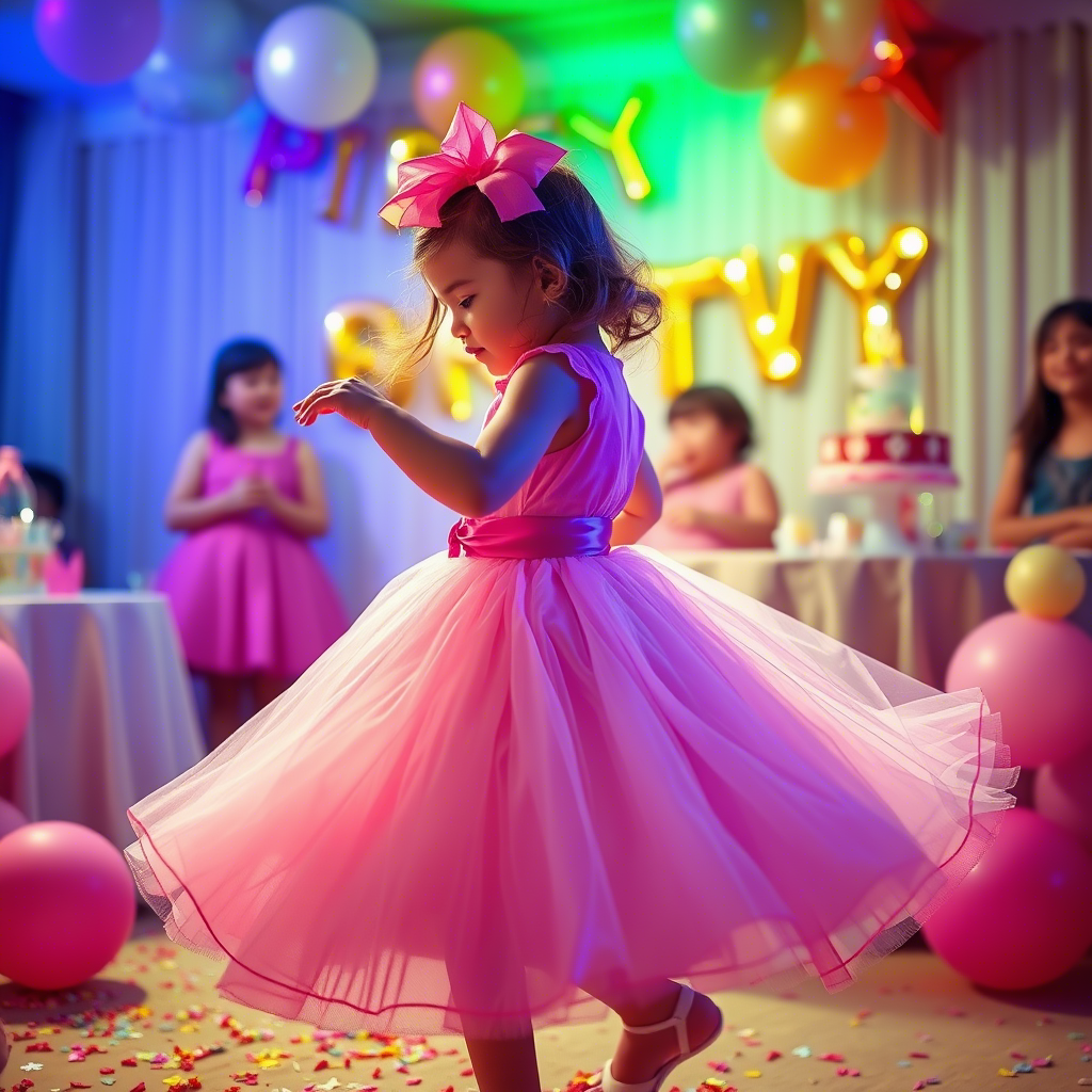 Little girl in a pink ball gown twirling at a birthday party