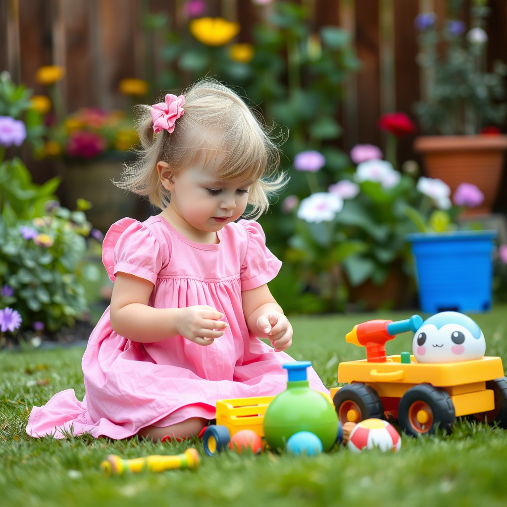 Little girl in a pink dress playing with toys in a garden