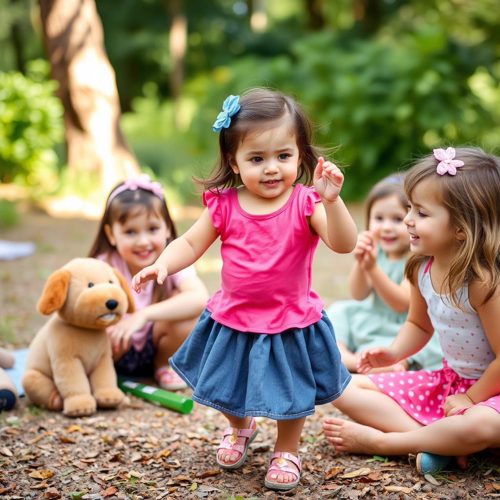 Little girl in a pink top and skirt, playing with friends