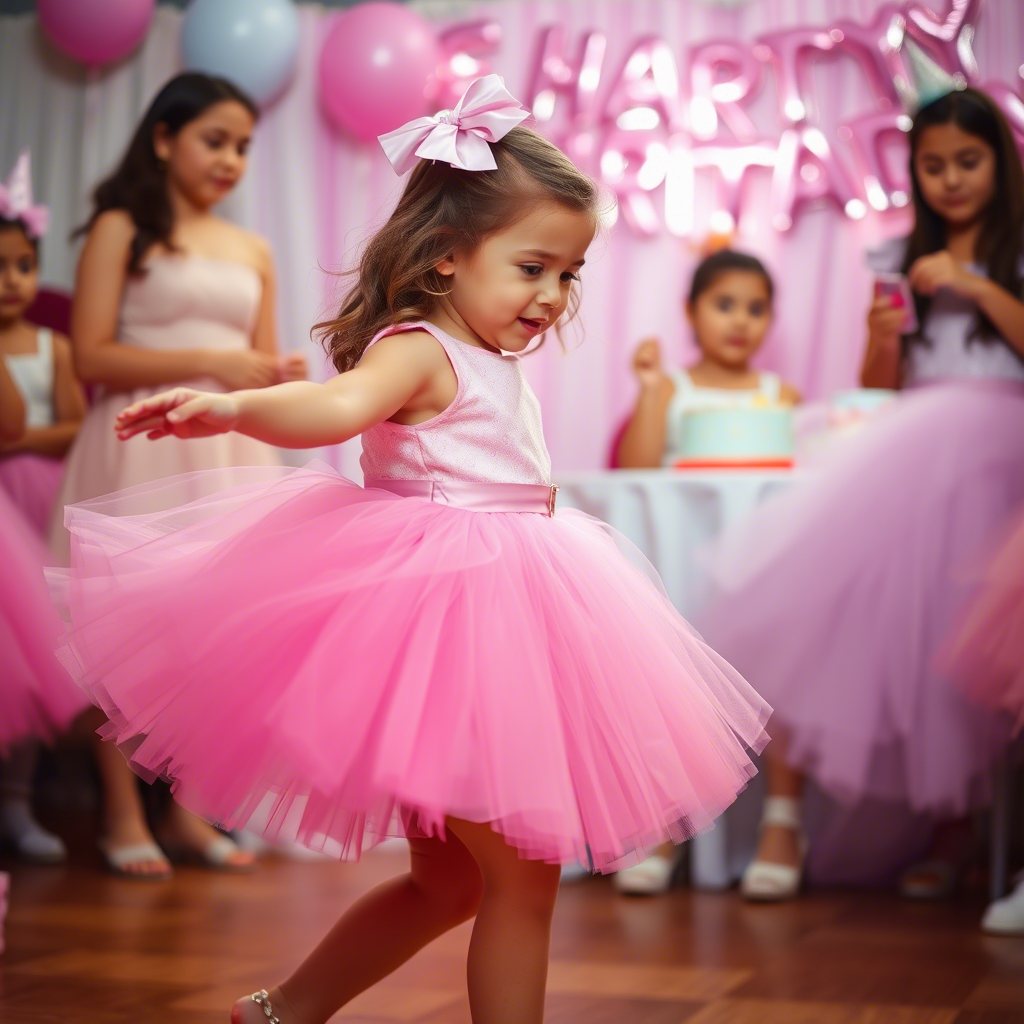 Little girl in a pink tutu dress twirling at a birthday party
