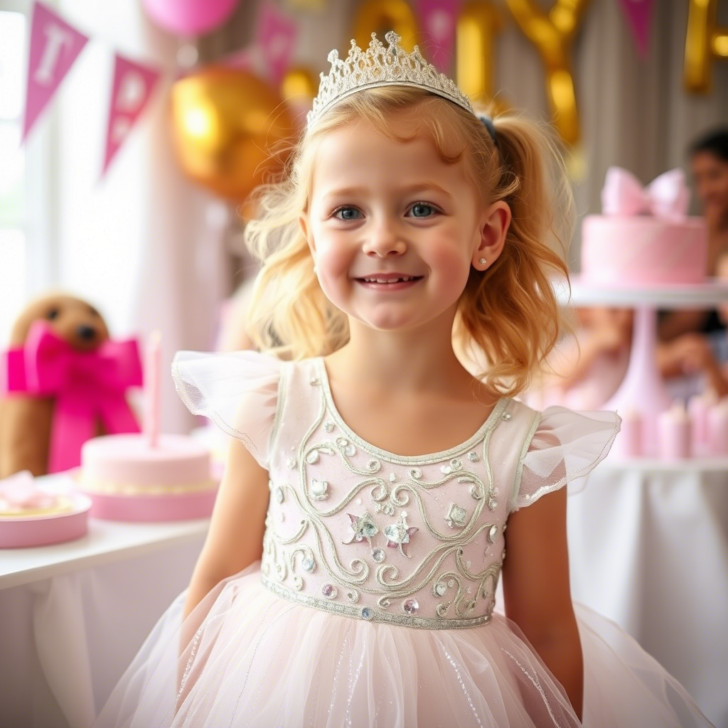 Little girl in a sparkly princess dress at a birthday party