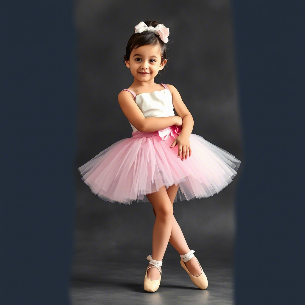 Little girl in a tutu skirt and ballet shoes posing