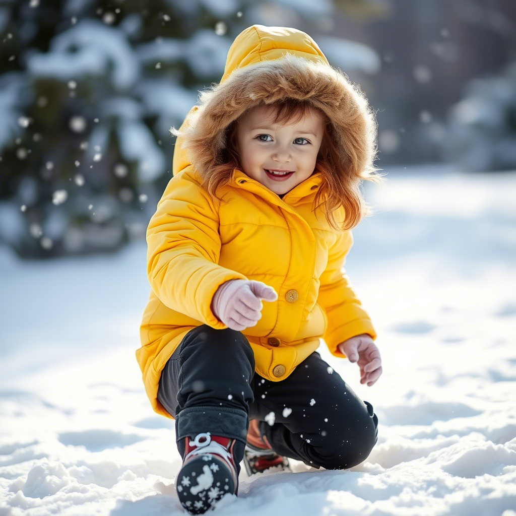 Little girl in a yellow winter jacket playing in the snow