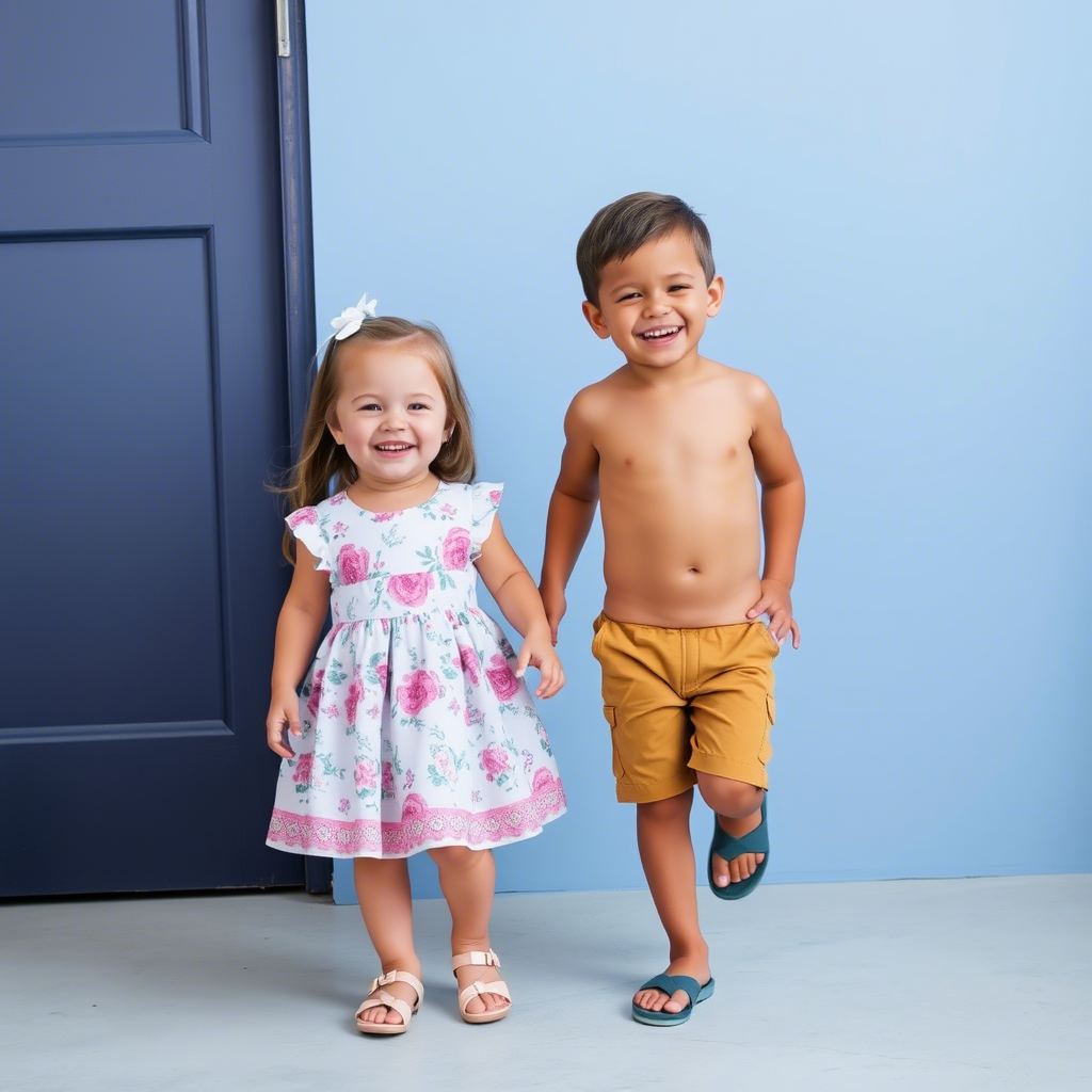 Little girl in adorable dress and boy in shorts, both smiling happily