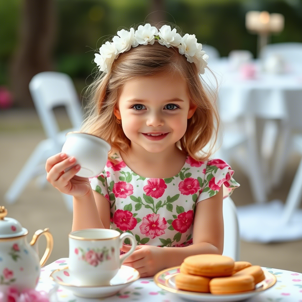 Little girl in adorable floral dress having a tea party